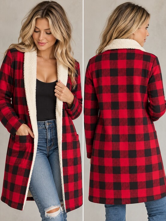 Eddie Bauer Jackets & Blazers - Eddie Bauer Small Red Black Buffalo Plaid Sherpa Cardigan